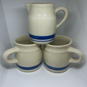 Vintage Mugs & Creamer Roseville Friendship Pottery Blue Striped